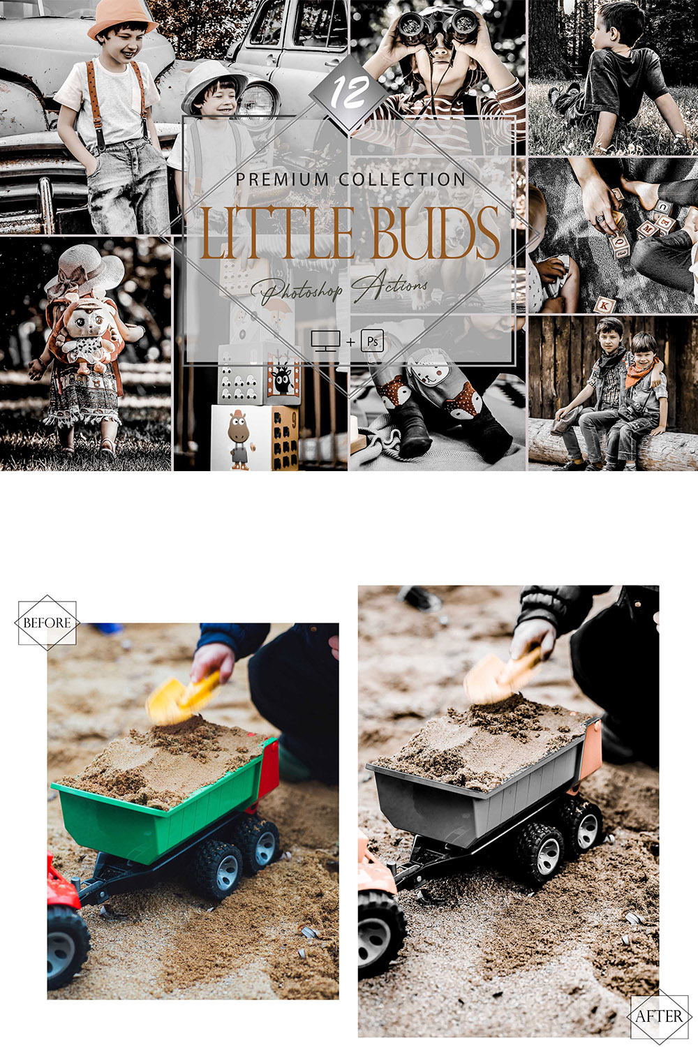 12 Photoshop Actions, Little Buds Ps Action, Moody ACR Preset, HDR Kids Filter, Lifestyle Theme For Instagram, Dark Presets, Child Portrai pinterest preview image.