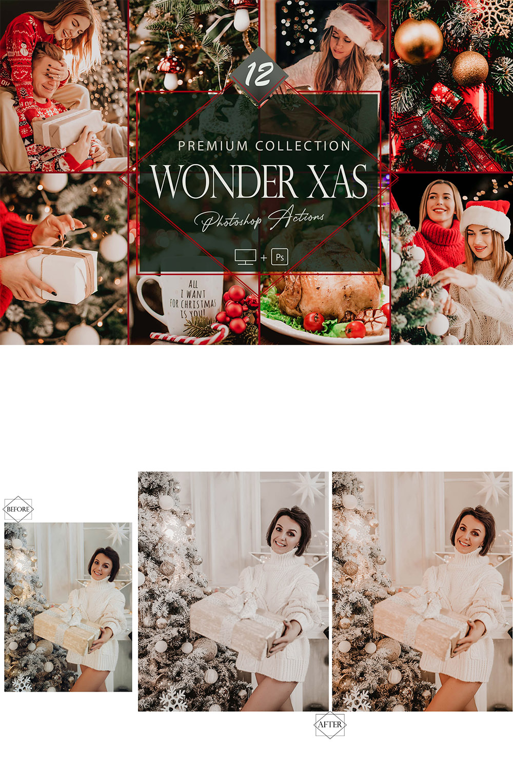 12 Wonder Xmas Photoshop Actions, Christmas ACR Preset, Moody Ps Filter, Portrait And Lifestyle Theme For Instagram, Blogger, Outdoor pinterest preview image.