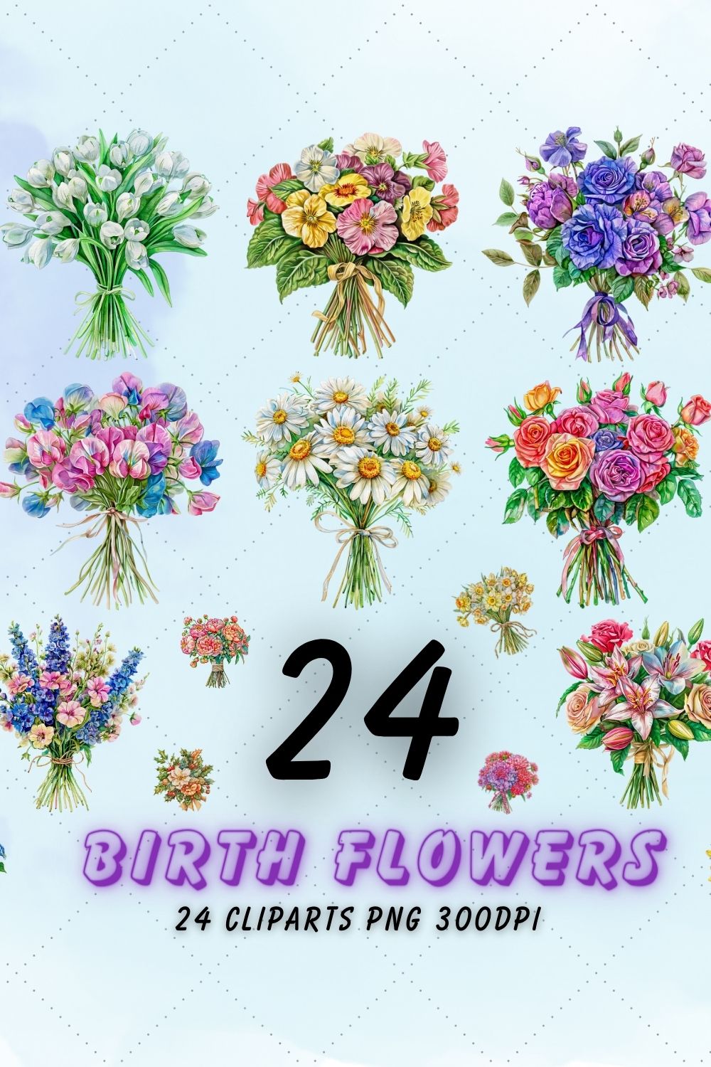 Birth Month Flower Clipart, Birth Flower PNG, Antique Floral PNG, Personalized Flower Bouquet Graphic, Birthday Flower, Floral Botanical PNG pinterest preview image.