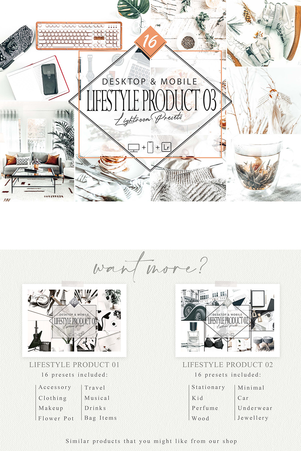 16 Lifestyle Product 03 Lightroom Presets, Flatlay Mobile Preset, Bright Items Desktop LR Filter DNG Portrait Lifestyle Top Theme Blogger Instagram pinterest preview image.