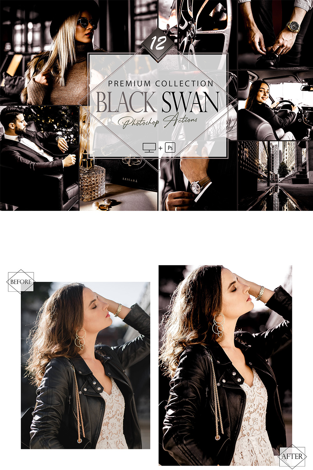 12 Black Swan Photoshop Action, Moody Mobile Preset, Noir Gray Desktop LR Filter, DNG Bright Portrait Lifestyle Theme Blogger Instagram pinterest preview image.