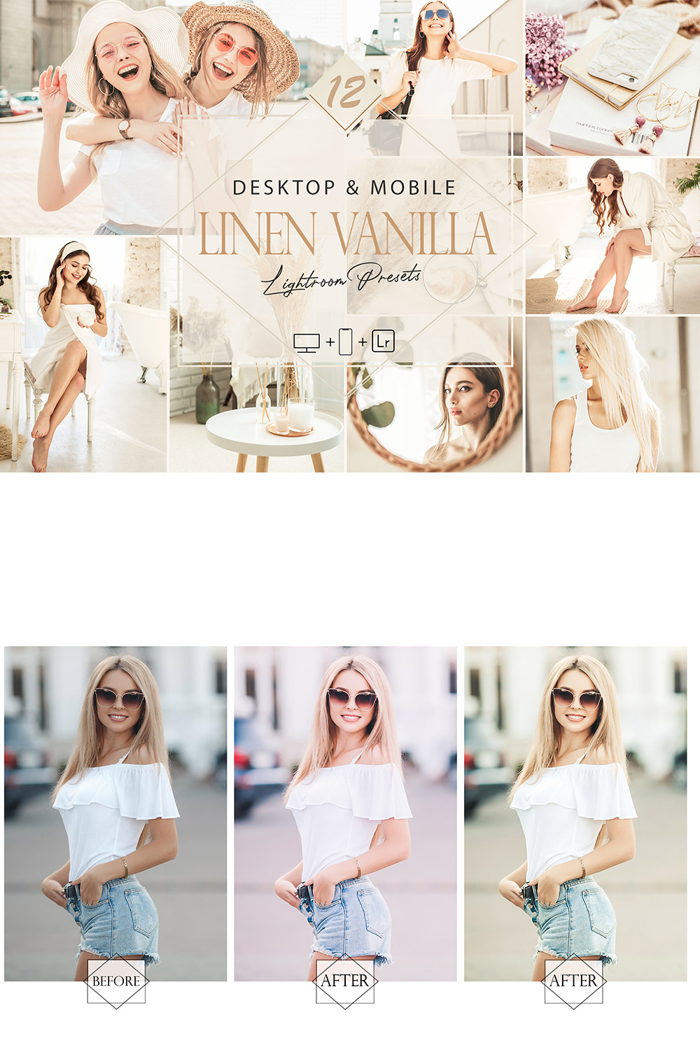 12 Linen Vanilla Lightroom Presets, Beige Preset, Bright Desktop LR Filter, DNG Portrait Lifestyle, Top Theme, Summer Blogger Instagram pinterest preview image.