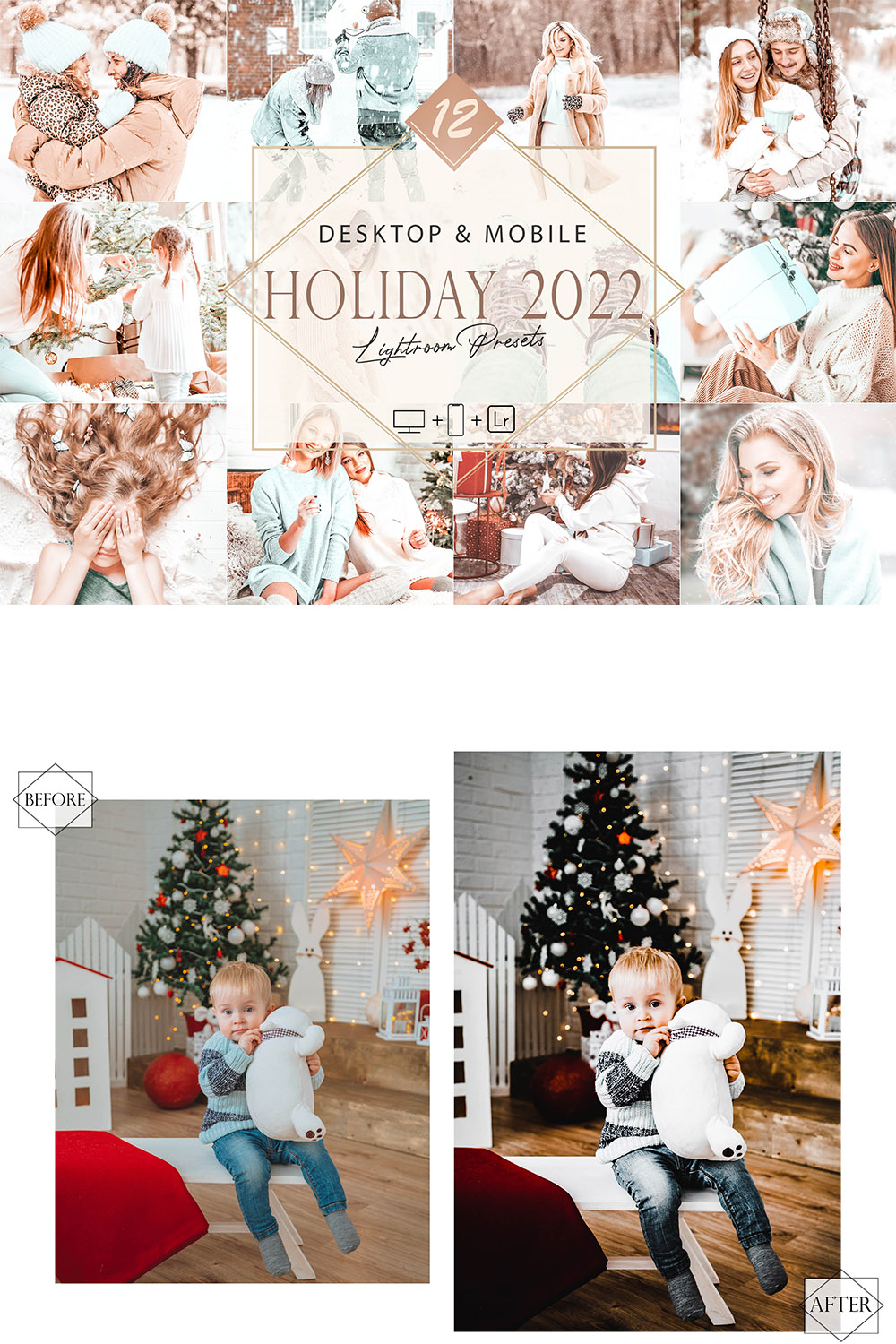 12 Holiday 2022 Lightroom Presets, Winter Preset, Christmas Desktop LR Filter, DNG Portrait Lifestyle, Top Theme, Autumn Blogger Instagram pinterest preview image.