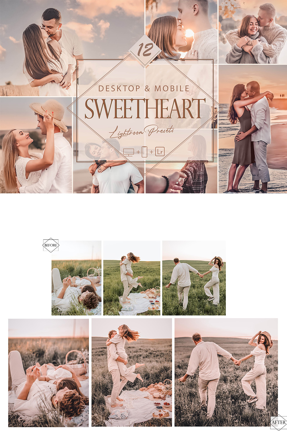 12 Sweetheart Lightroom Presets, Love Preset, Couple Desktop LR Filter, DNG Portrait Lifestyle, Top Theme, Valentine Blogger Instagram pinterest preview image.