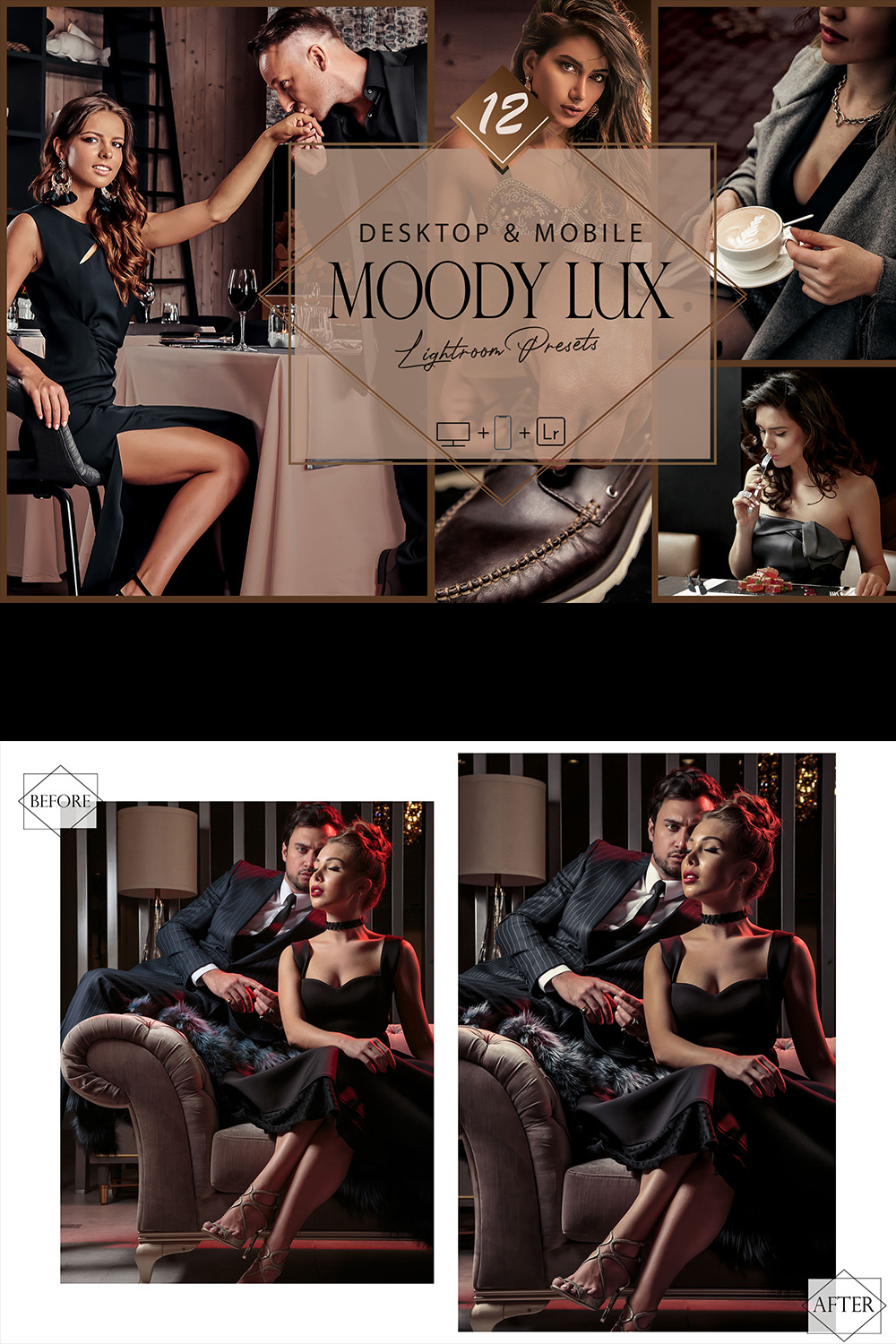 12 Moody Lux Lightroom Presets, Luxuries Preset, Black Autumn Desktop LR Filter, DNG Portrait Lifestyle, Top Theme, Matte Blogger Instagram pinterest preview image.