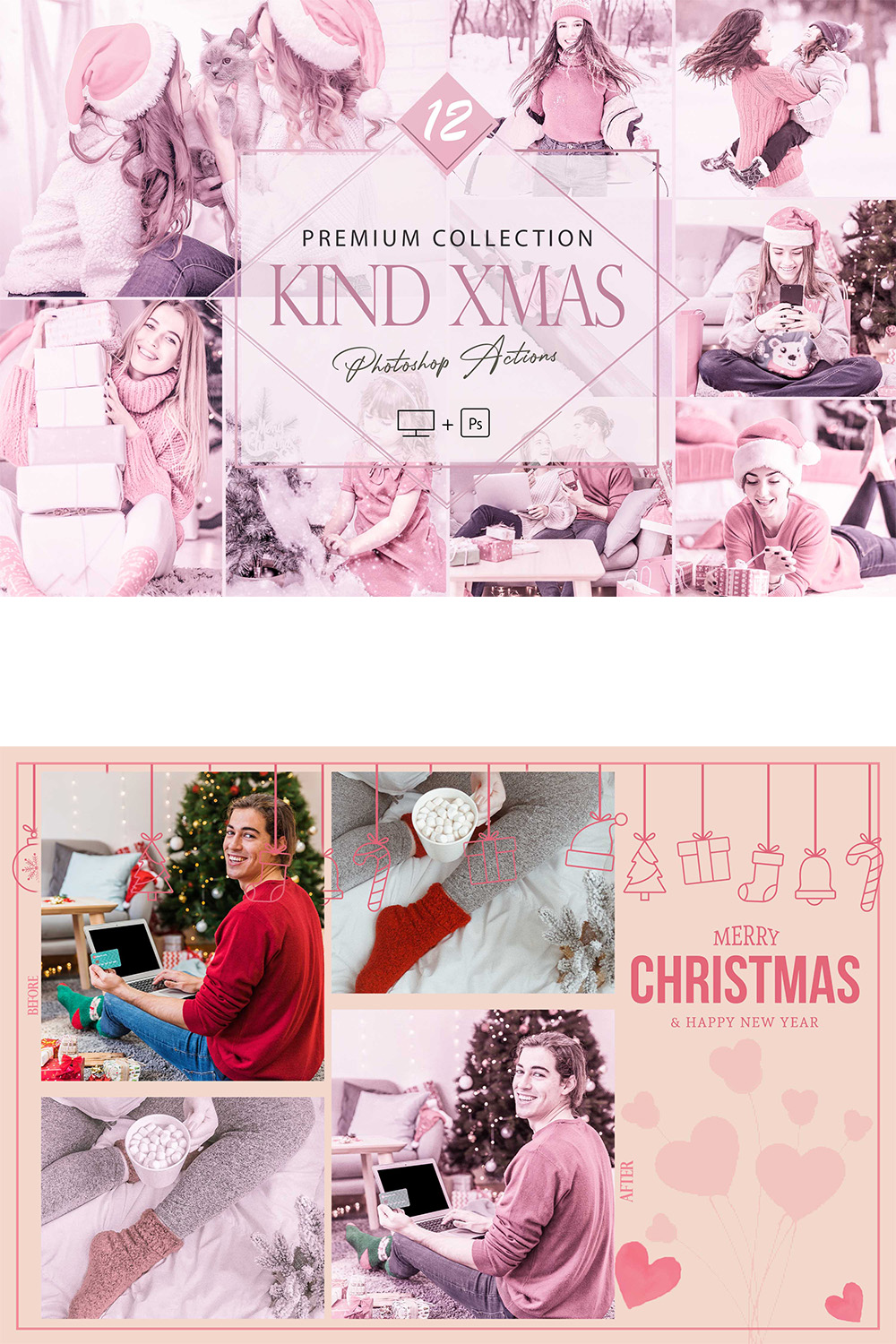 12 Kind Xmas Photoshop Actions, Pink Christmas ACR Preset, Bright Winter Ps Filter, Portrait And Lifestyle Theme For Instagram, Blogger, Autumn Outdoor pinterest preview image.