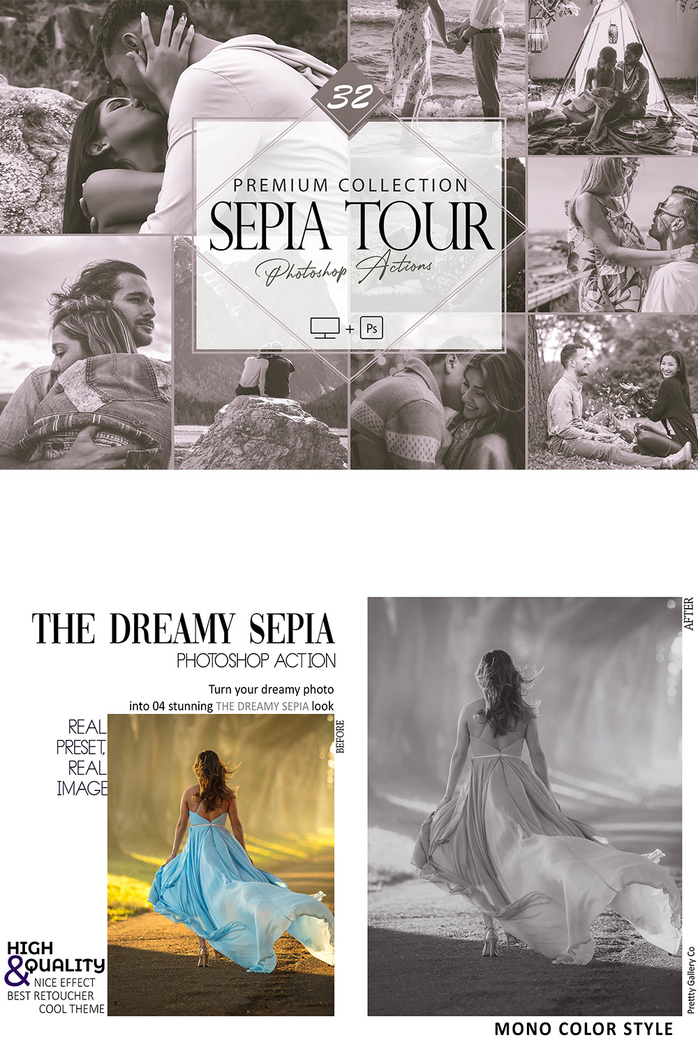 32 Sepia Tour Photoshop Action, Vintage Mobile Preset, Monocolor Moody Desktop LR Filter DNG Portrait Lifestyle Theme Blogger Instagram hue pinterest preview image.