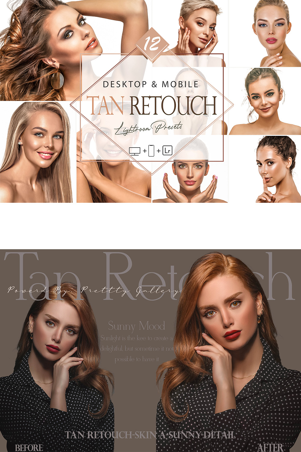 12 Tan Retouch Lightroom Presets, Beauty Mobile Preset, Makeup Bright Desktop LR Filter DNG Portrait Lifestyle Theme Blogger Instagram Face pinterest preview image.