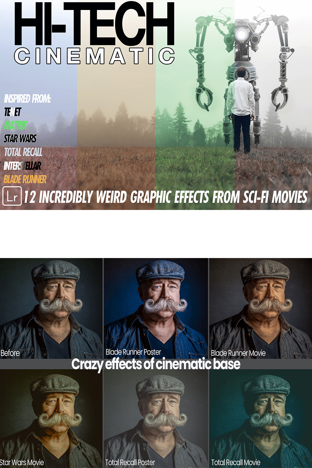 12 Hi-Tech Cinematic Lightroom Presets, Sci-Fi Mobile Preset, Color Desktop LR Filter DNG Artist Top Movie Theme Blogger Instagram pinterest preview image.