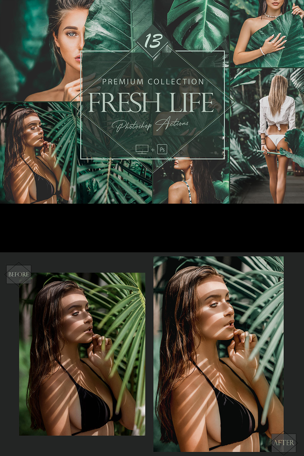 13 Fresh Life Photoshop Actions, Summer ACR Preset, Tropical Ps Filter, Portrait And Lifestyle Theme For Instagram, Blogger, Outdoor pinterest preview image.