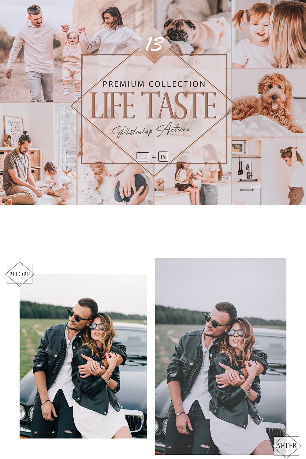 13 Life Taste Photoshop Actions, Family ACR Preset, Creamy Bright Ps Filter, Portrait And Lifestyle Theme For Instagram, Blogger, Outdoor pinterest preview image.