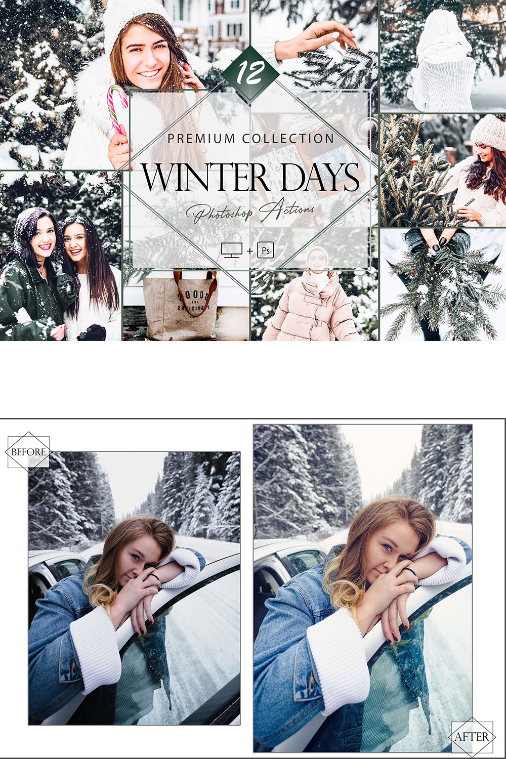 12 Winter Days Photoshop Actions, Cold Season ACR Preset, Christmas Ps Filter, Portrait And Lifestyle Theme For Instagram, Blogger, Autumn Outdoor pinterest preview image.