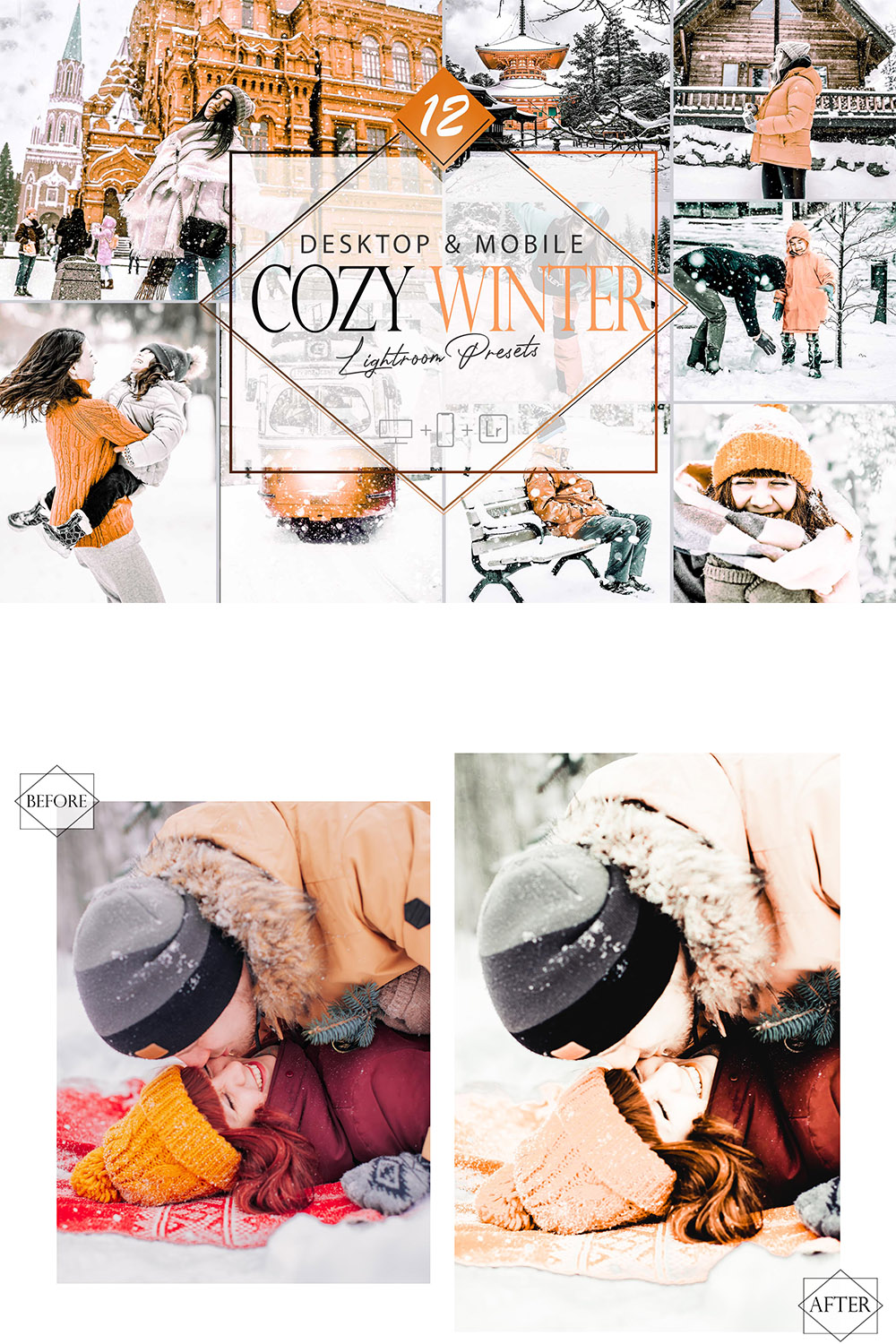 12 Cozy Winter Lightroom Presets, Bright Snow Mobile Preset, Light Orange Desktop LR Filter DNG Portrait Lifestyle Top Theme Blogger, pinterest preview image.