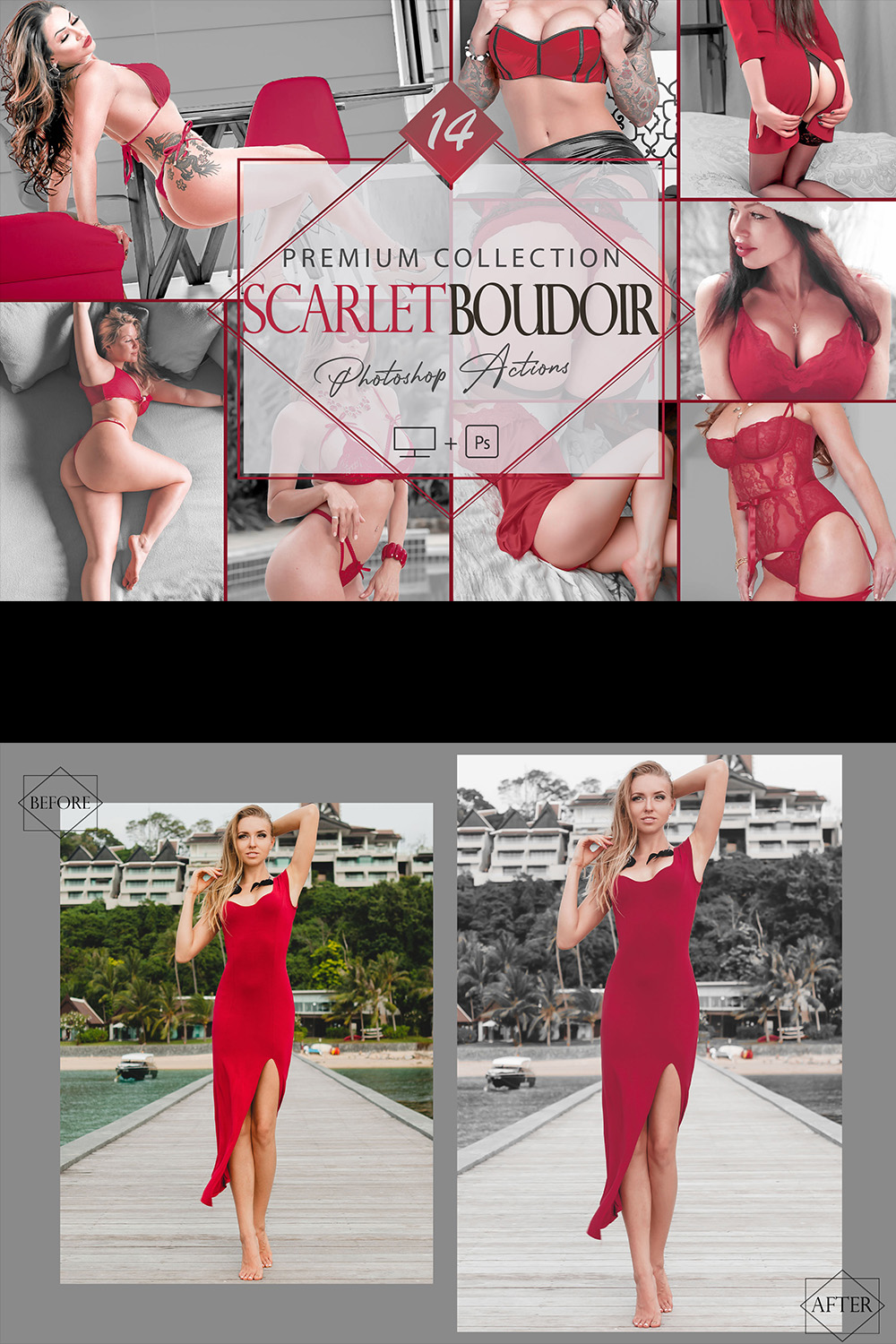 14 Scarlet Boudoir Photoshop Actions, Sexy Red ACR Preset, Nude Woman Filter, Portrait And Lifestyle Theme For Instagram, Blogger, Outdoor pinterest preview image.