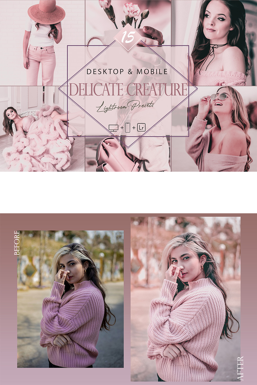 15 Delicate Creature Lightroom Presets, Love Mobile Preset, Pink Desktop LR Filter DNG Artist Movie Theme Blogger Instagram pinterest preview image.