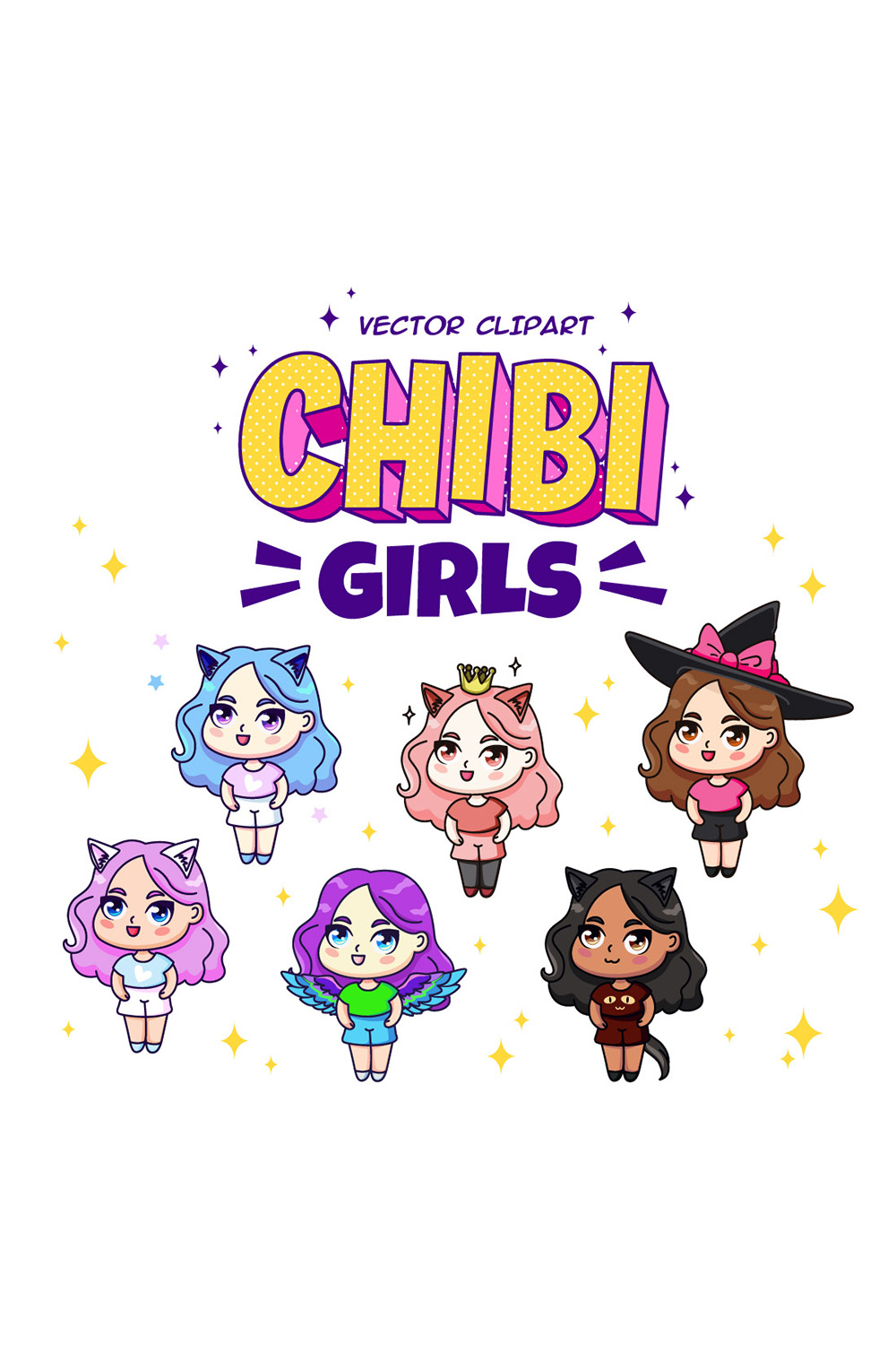 Set of 18 Chibi Girls Vector Clipart pinterest preview image.