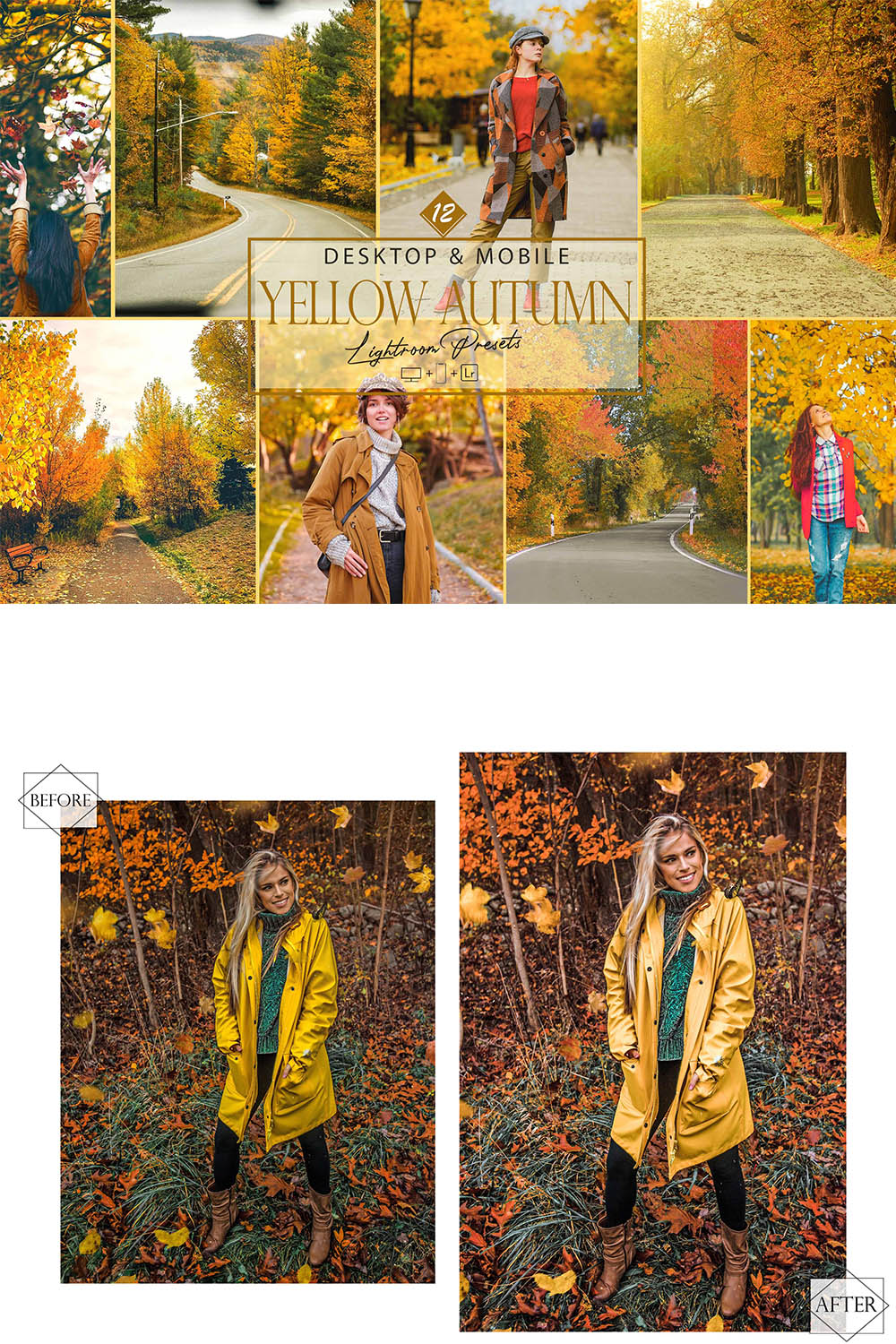 12 Yellow Autumn Lightroom Presets, Bright Preset, Fall Desktop LR Filter, DNG Portrait Lifestyle, Top Theme, Autumn Blogger Instagram pinterest preview image.