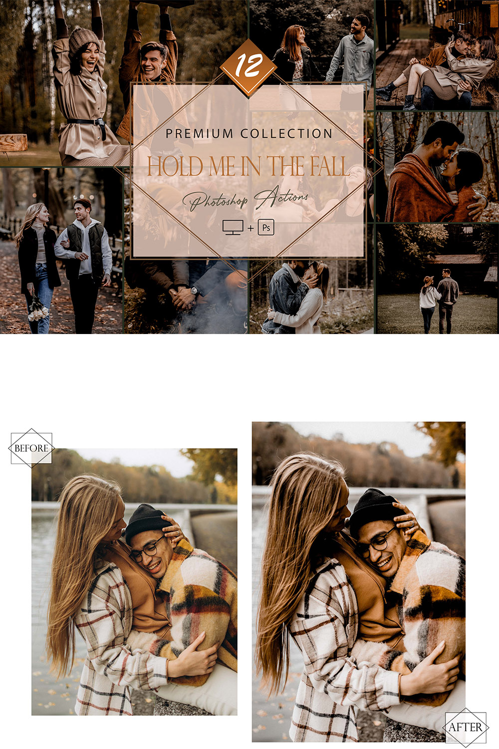 12 Photoshop Actions, Hold Me In The Fall Ps Action, Autumn ACR Preset, Saturation Filter, Lifestyle Theme For Instagram, Moody Fall, Couple Portrait pinterest preview image.