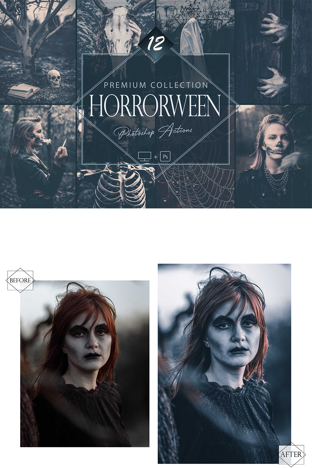 12 Horrorween Photoshop Actions, Moody Halloween ACR Preset, Dark Horror Ps Filter, Portrait And Lifestyle Theme For Instagram, Blogger pinterest preview image.