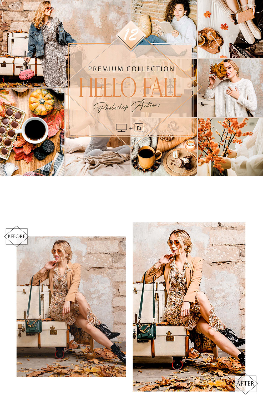 12 Photoshop Actions, Hello Fall Ps Action, Bright ACR Preset, Fall Filter, Lifestyle Theme For Instagram, Autumn Presets, Warm portrait pinterest preview image.