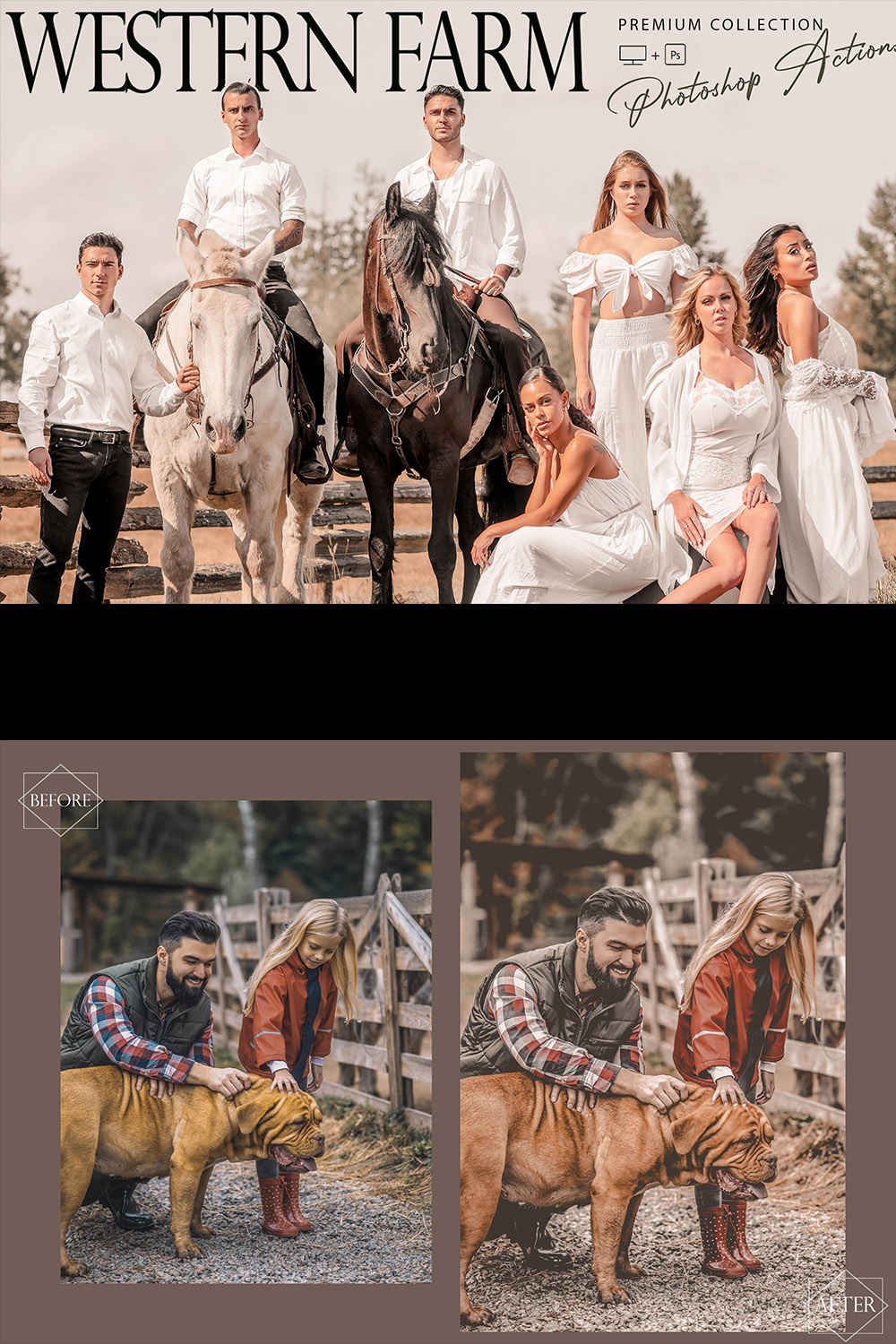 20 Western Farm Photoshop Actions, Color Grad ACR Preset, Rustic Filter, Bronze Theme For Instagram, Blogger, Cowboy pinterest preview image.