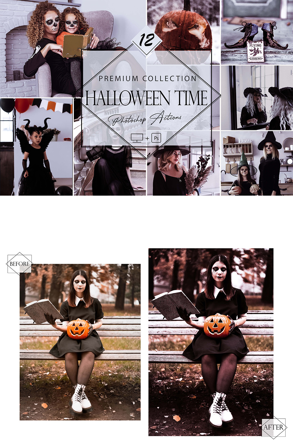 12 Halloween Time Photoshop Actions, Moody ACR Preset, Dark Filter, Portrait And Lifestyle Theme For Instagram, Blogger, Outdoor pinterest preview image.