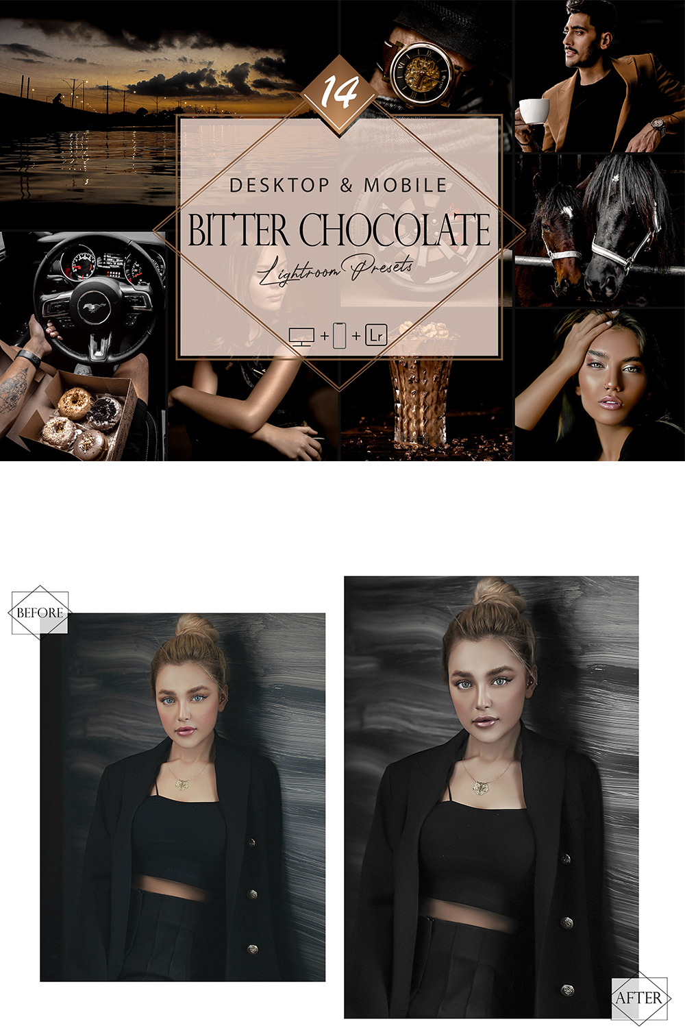 14 Bitter Chocolate Lightroom Presets, Brown Preset, Moody Desktop LR Filter, DNG Portrait Lifestyle, Top Theme, Summer Blogger Instagram pinterest preview image.