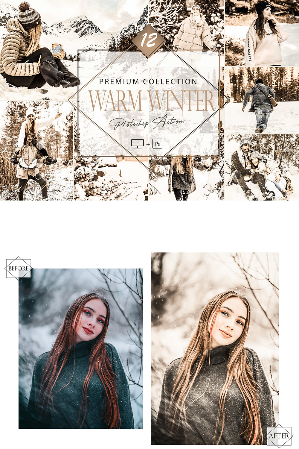 12 Warm Winter Photoshop Actions, Cold Season ACR Preset, Brown Snow Ps Filter, Portrait And Lifestyle Theme For Instagram, Blogger, Autumn Outdoor pinterest preview image.