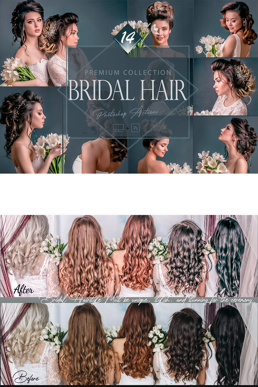 14 Bridal Hair Photoshop Actions, Beauty Bride ACR Preset, Hairstyle Sweet Filter, Portrait And Lifestyle Theme For Instagram, Blogger, Outdoor pinterest preview image.