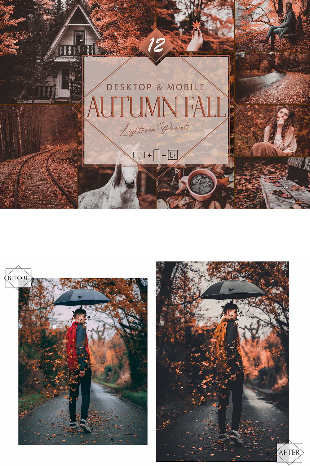 12 Autumn Fall Lightroom Presets, Dark Moody Mobile Preset, Orange Desktop LR Filter DNG Portrait Lifestyle Top Theme Blogger Instagram pinterest preview image.