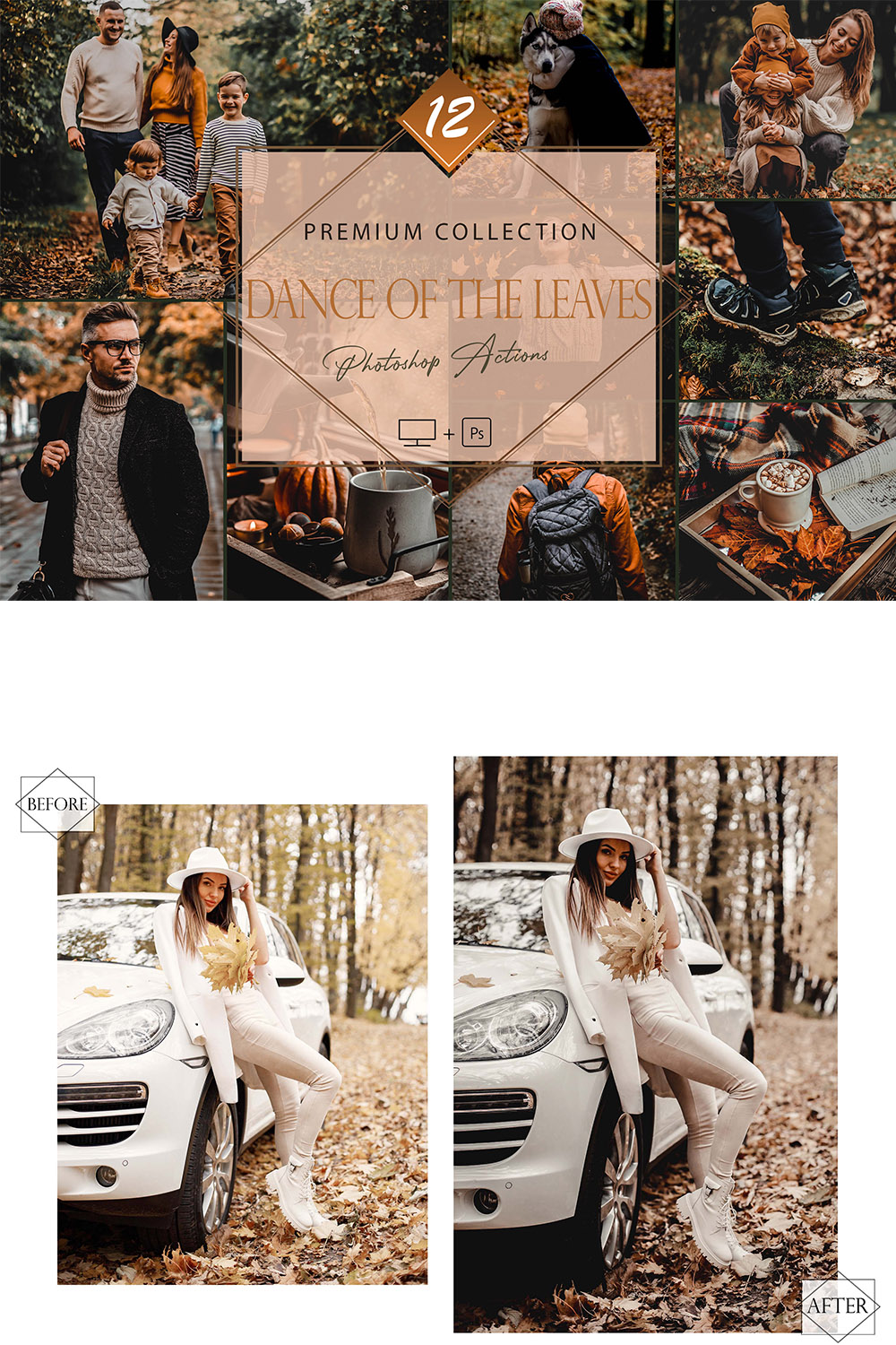 12 Photoshop Actions, Dance Of The Leaves Ps Action, Moody ACR Preset, Fall Filter, Lifestyle Theme For Instagram, Autumn Presets, Warm portrait pinterest preview image.
