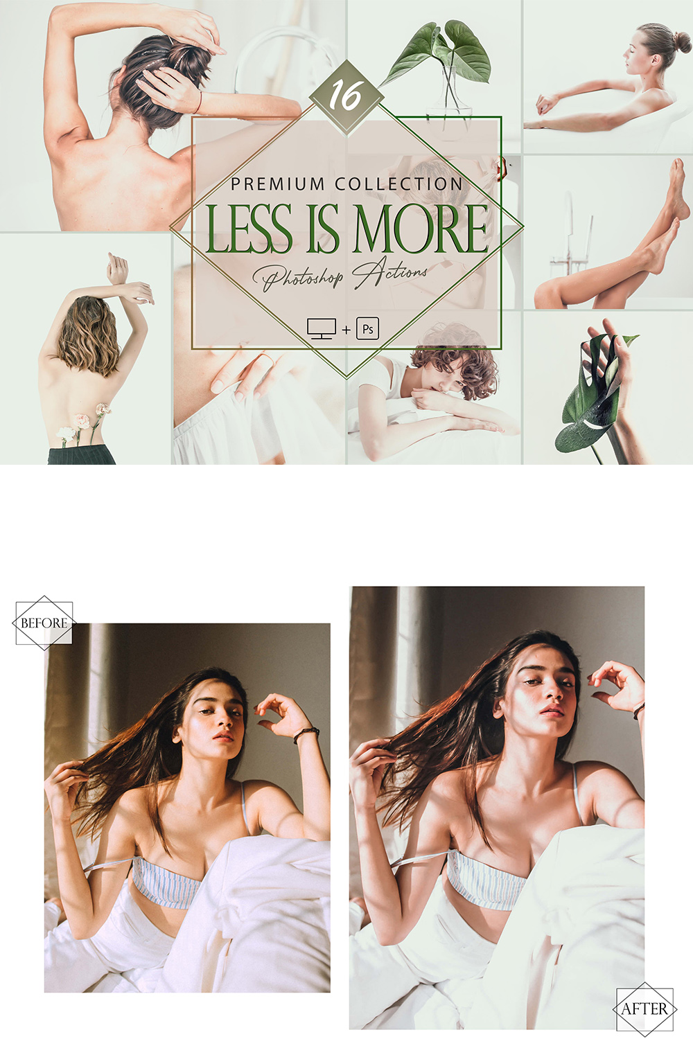 16 Less Is More Photoshop Actions, Minimal ACR Preset, Bright Ps Filter, Portrait And Lifestyle Theme For Instagram, Blogger, Outdoor pinterest preview image.