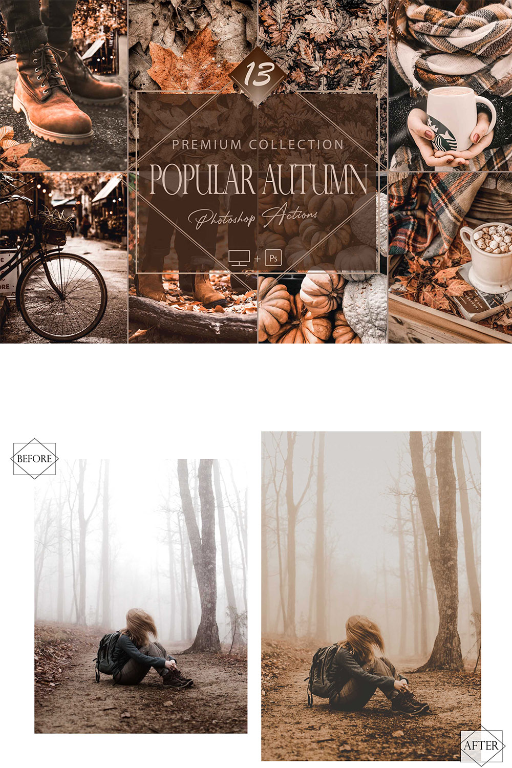 13 Popular Autumn Photoshop Actions, Orange Fall ACR Preset, Earthy Ps Filter, Portrait And Lifestyle Theme For Instagram, Blogger, Outdoor pinterest preview image.