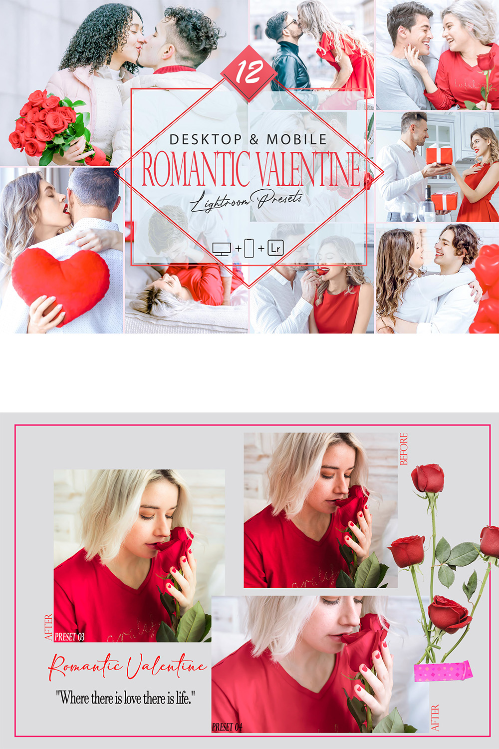 12 Romantic Valentine Lightroom Presets, Red Romance Preset, Lovely Bright Desktop LR Filter, DNG Portrait Lifestyle, Top Theme, Winter Blogger Instagram pinterest preview image.