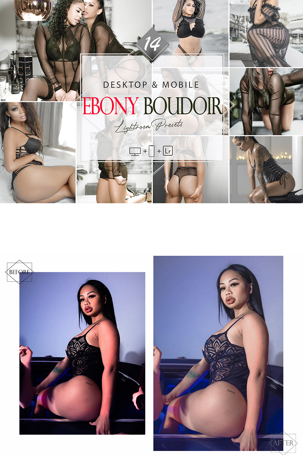 14 Ebony Boudoir Lightroom Presets, Attractive Sexy Mobile Preset, Hot Dark Skin Desktop Filter DNG Portrait Lifestyle Top Theme Blogger Instagram pinterest preview image.