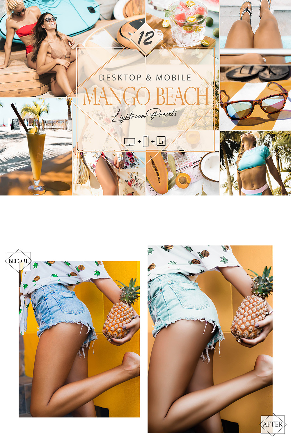 12 Mango Beach Lightroom Presets, Tropical Preset, Aqua Sea Desktop LR Filter, DNG Portrait Lifestyle, Top Theme, Summer Blogger Instagram pinterest preview image.