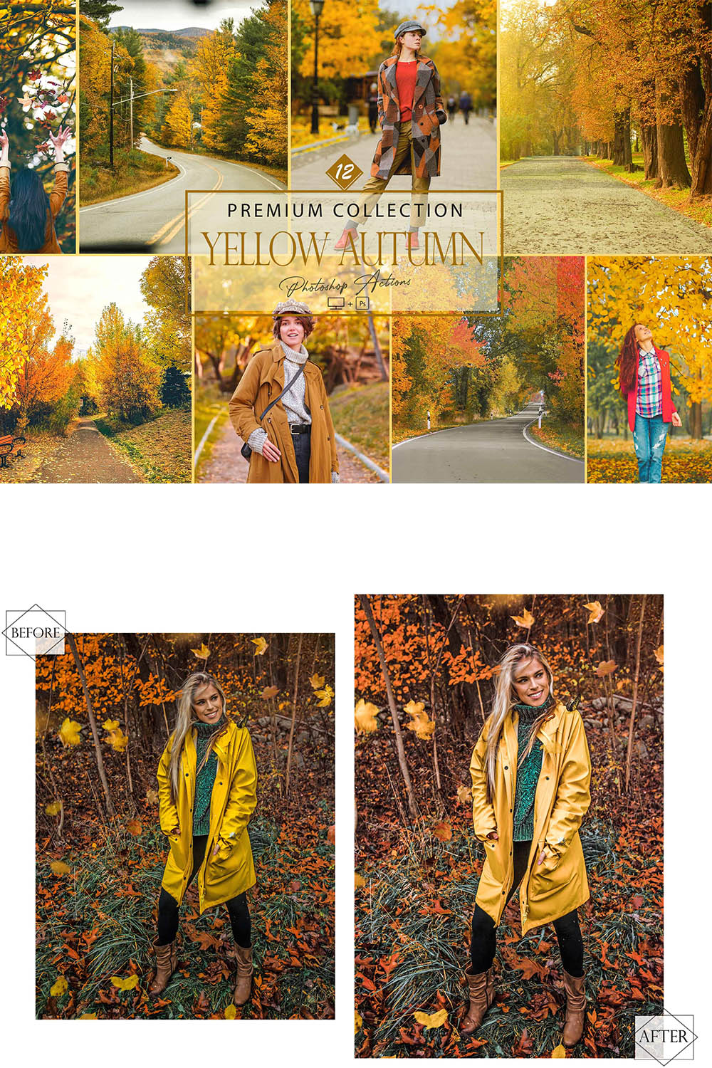 12 Photoshop Actions, Yellow Autumn Ps Action, Yellow ACR Preset, Saturation Filter, Lifestyle Theme For Instagram, Coastline Offshore, Bronze portrait pinterest preview image.