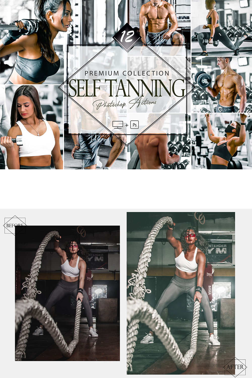 12 Self Tanning Photoshop Actions, Sport Color Grading ACR Preset, Fitness Filter, Bronze Theme For Instagram, Blogger, Skin pinterest preview image.