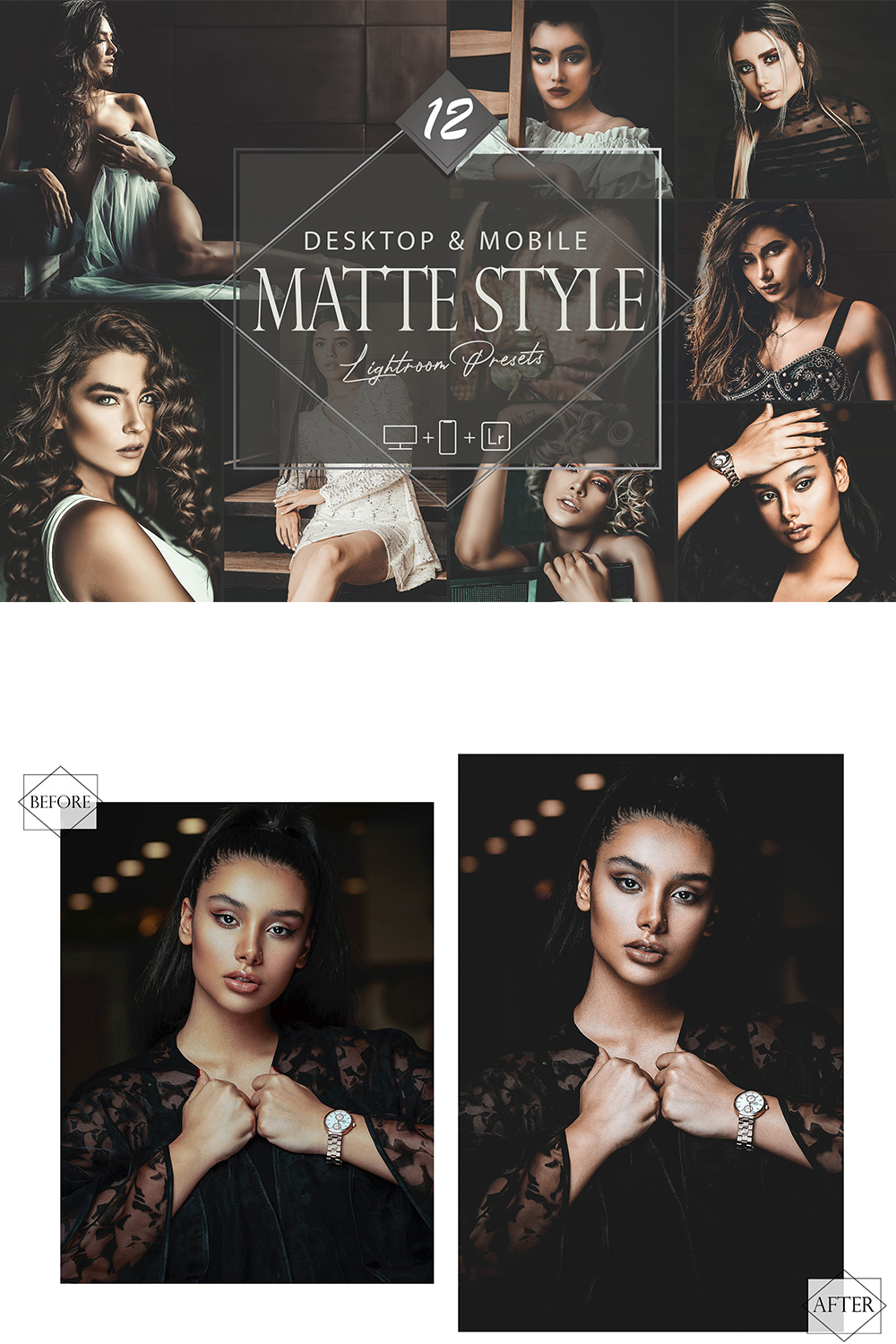 12 Matte Style Lightroom Presets, Black Moody Preset, Dark Desktop LR Filter, DNG Portrait Lifestyle, Top Theme, Summer Blogger Instagram pinterest preview image.