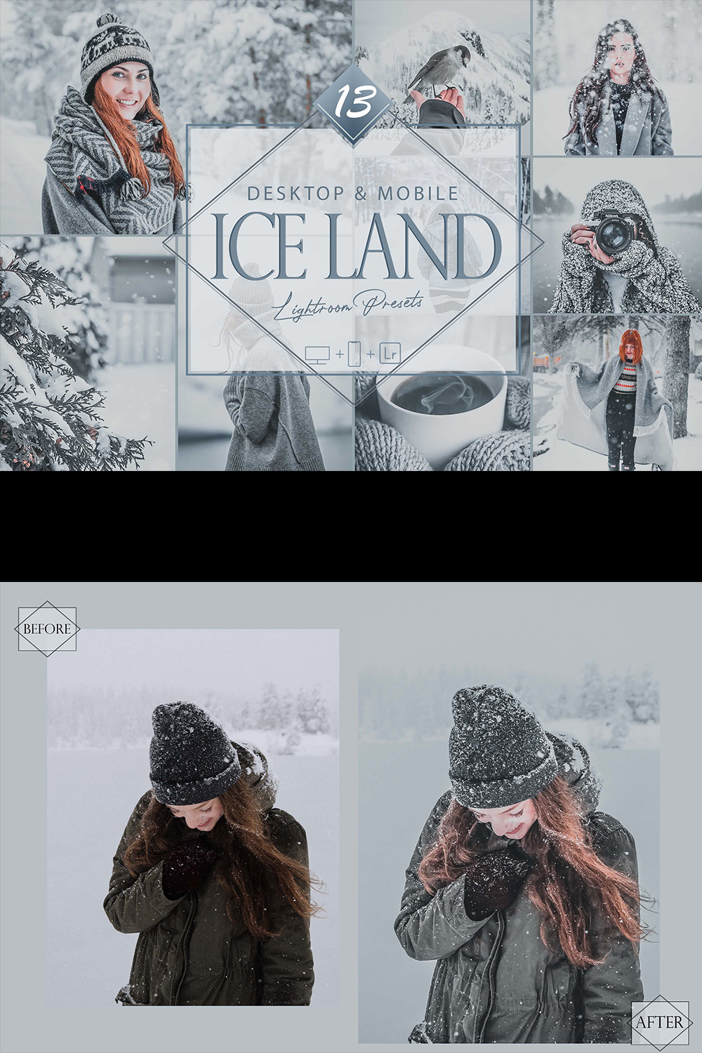 13 Ice Land Lightroom Presets, Winter Mobile Preset, White Desktop LR Filter DNG Portrait Lifestyle Top Theme Blogger Instagram pinterest preview image.