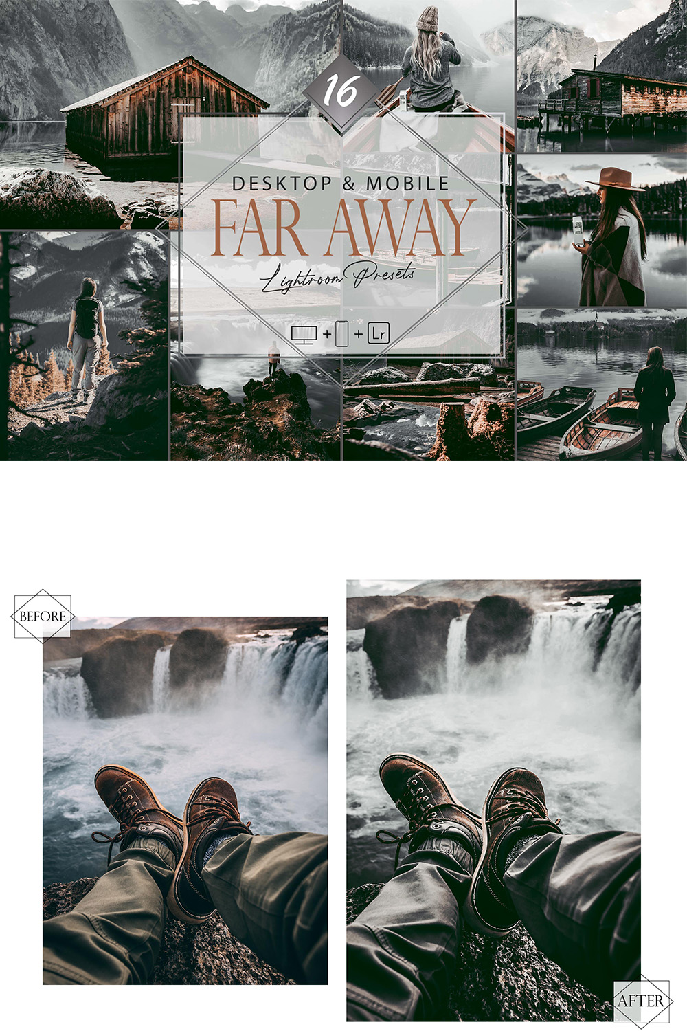 16 Far Away Lightroom Presets, Gray Landscape Preset, Noir Desktop LR Filter, DNG Portrait Lifestyle, Top Theme, Winter Blogger Instagram pinterest preview image.