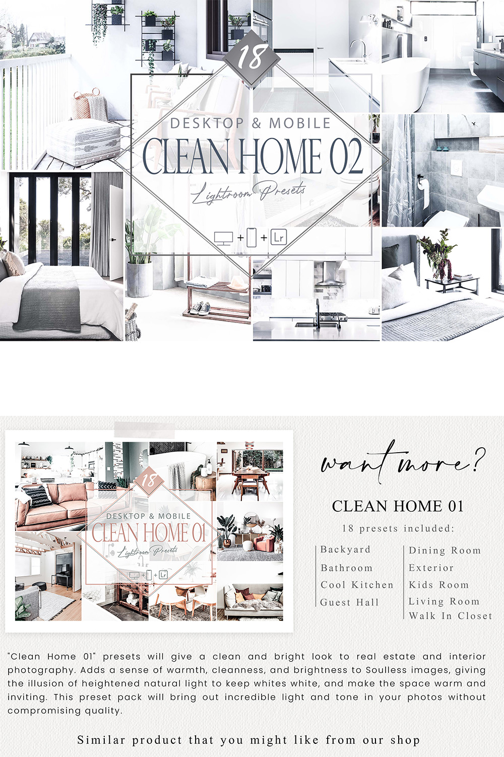 18 Clean Home 02 Lightroom Presets, Real Estate Preset, White House Desktop LR Filter, DNG Portrait Lifestyle, Top Theme, Autumn Blogger Instagram pinterest preview image.