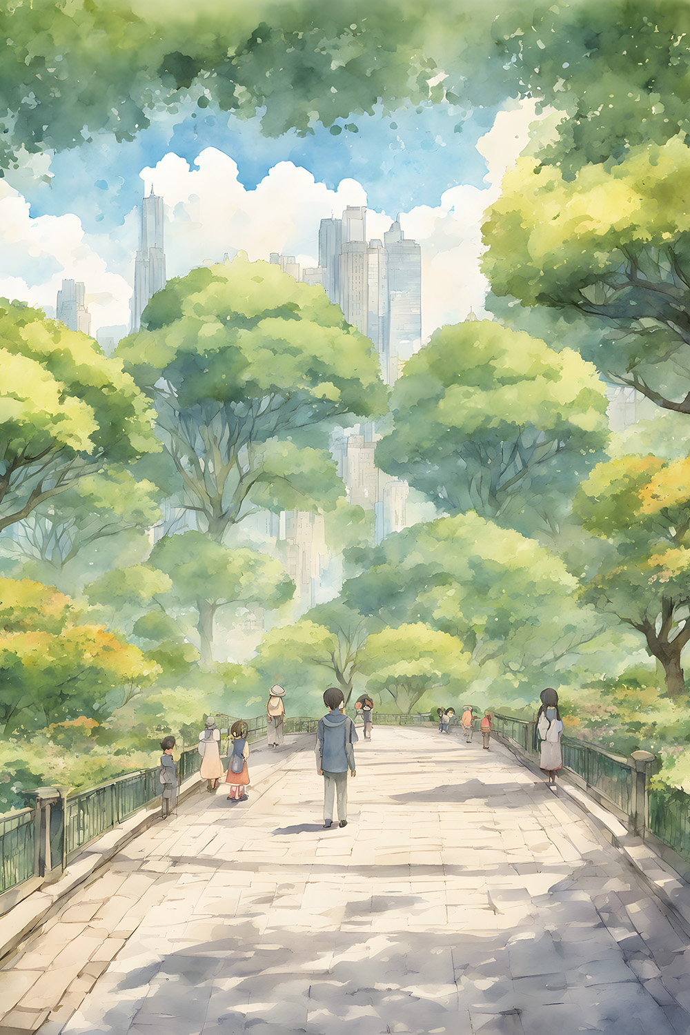 Central park, style of children book watercolor illustration pinterest preview image.