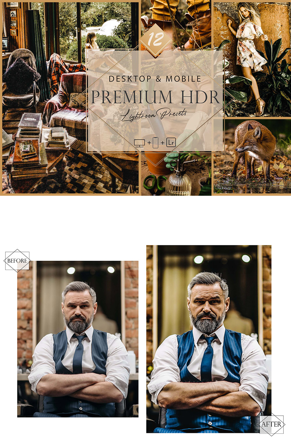 12 Premium HDR Lightroom Presets, High Detail Preset, Orange Desktop LR Filter, DNG Portrait Lifestyle, Top Theme, Spring Blogger Instagram pinterest preview image.