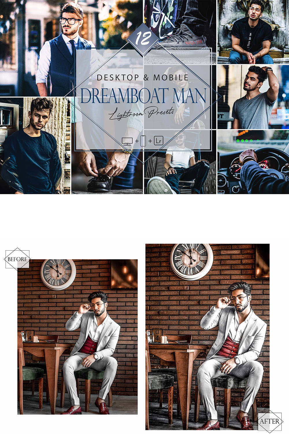 12 Dreamboat Man Lightroom Presets, Fashion Men HDR Saturation Preset, Trendy Desktop LR Filter, DNG Portrait Lifestyle, Top Theme, Summer Blogger Instagram pinterest preview image.