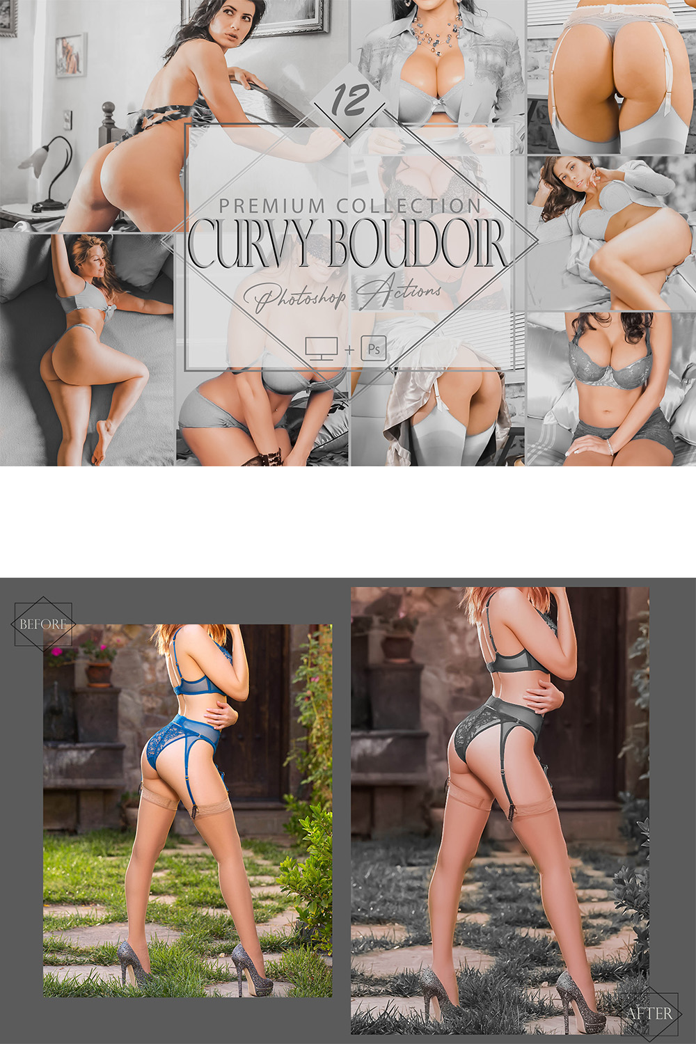 12 Curvy Boudoir Photoshop Actions, Gray Sexy ACR Preset, Hot Lingerie Filter, Portrait And Lifestyle Theme For Instagram, Blogger, Outdoor pinterest preview image.