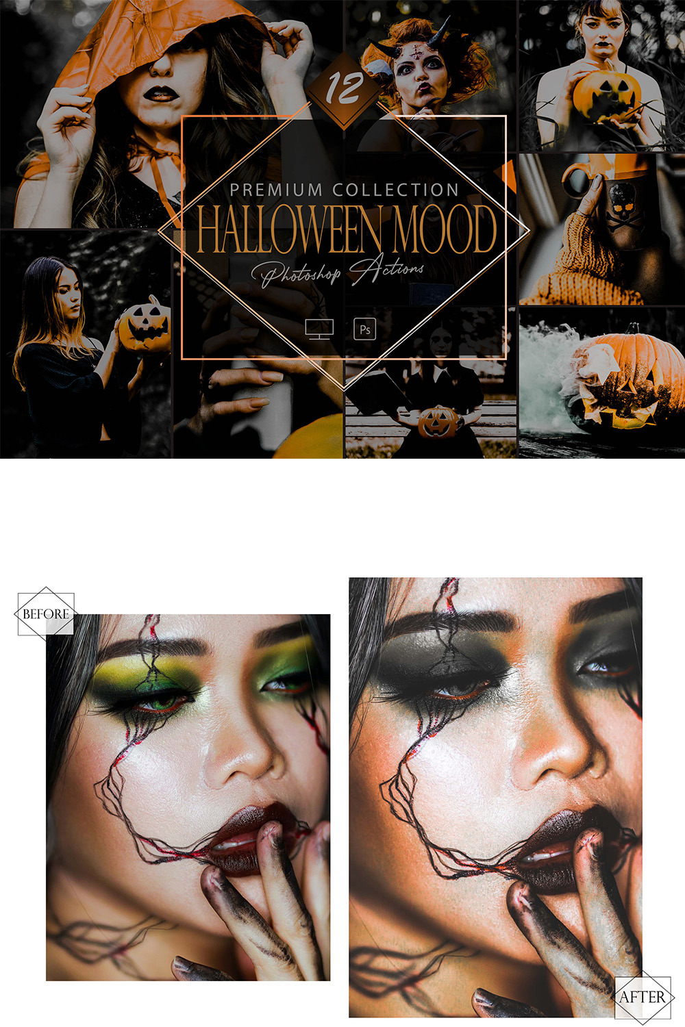 12 Halloween Mood Photoshop Actions, Dark Smooky ACR Preset, Moody Horror Filter, Portrait And Lifestyle Theme For Instagram, Blogger, Outdoor pinterest preview image.