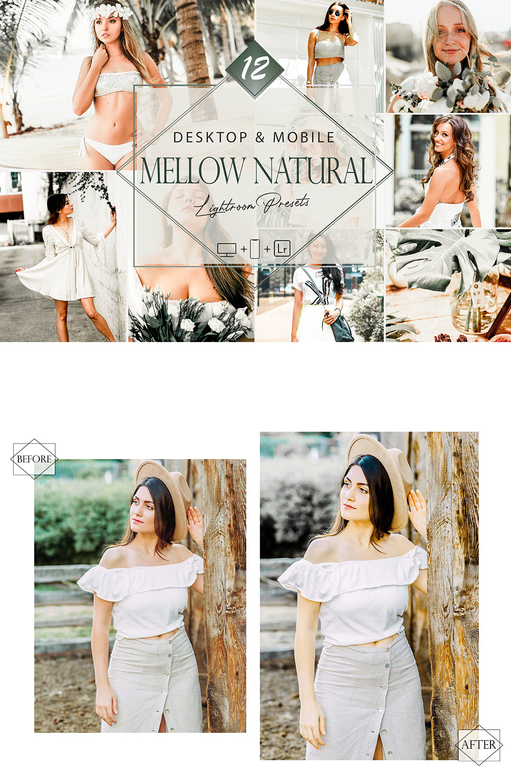 12 Mellow Natural Lightroom Presets, Green Landscape Preset, Moody Desktop LR Filter, DNG Portrait Lifestyle, Top Theme, Spring Blogger Instagram pinterest preview image.