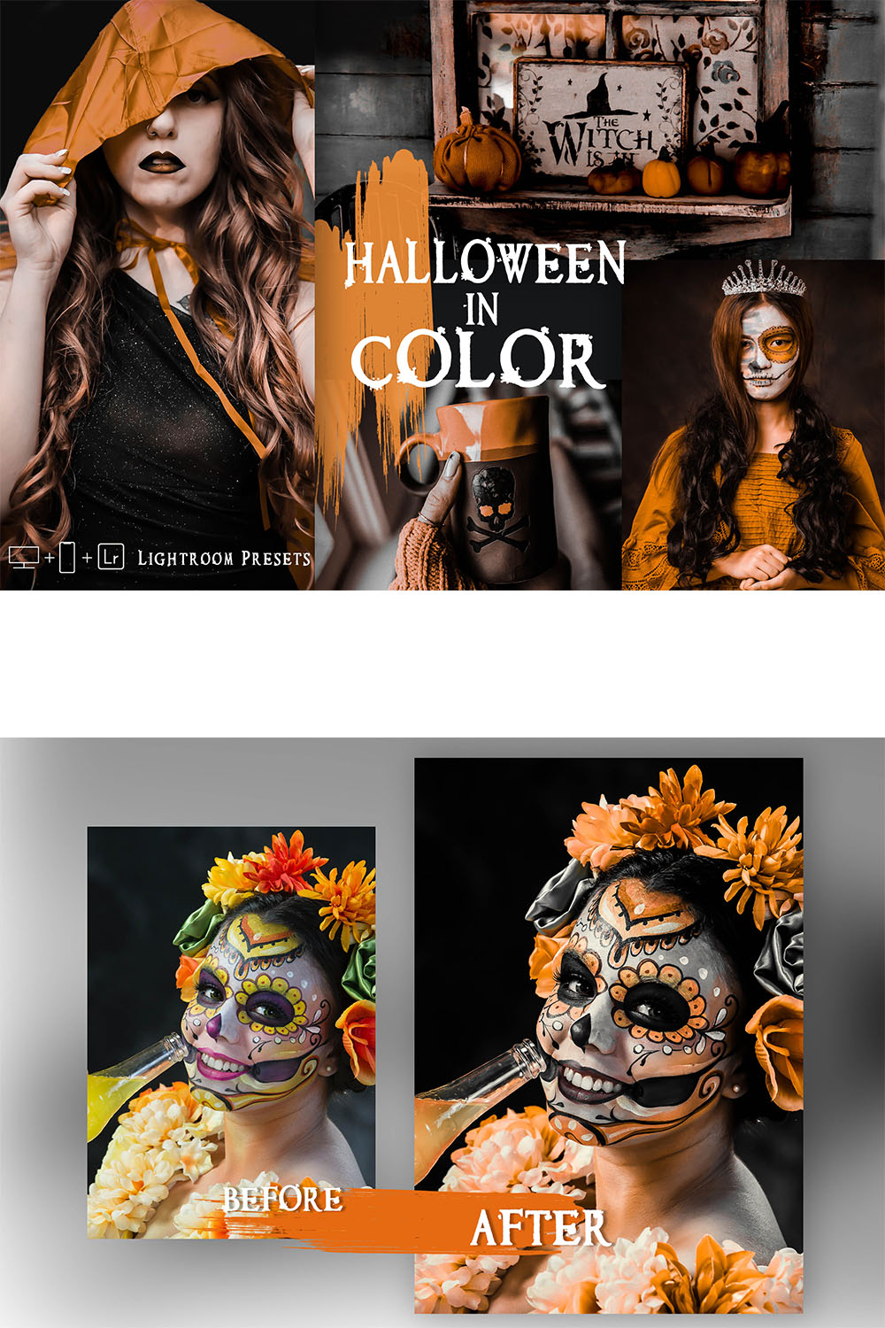 12 Halloween In Color Lightroom Presets, Moody Halloween Preset, Gray Desktop LR Filter, DNG Portrait Lifestyle, Top Theme, Autumn Blogger Instagram pinterest preview image.