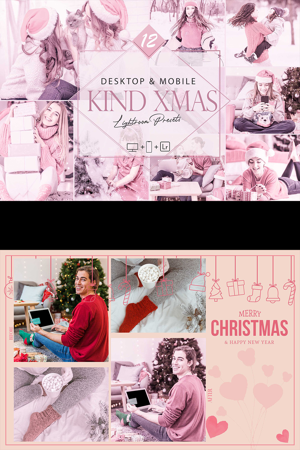 12 Kind Xmas Lightroom Presets, Holiday Season Preset, Pink Winter Desktop LR Filter, DNG Portrait Lifestyle, Top Theme, Autumn Blogger Instagram pinterest preview image.